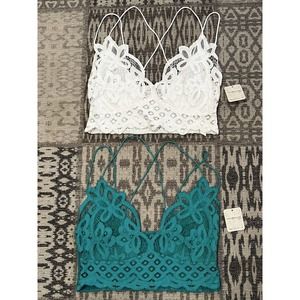 Lot 2 NEW FREE PEOPLE AQUA WHITE EVERYDAY LACE LONGLINE BRALETTE BRA Large NWT